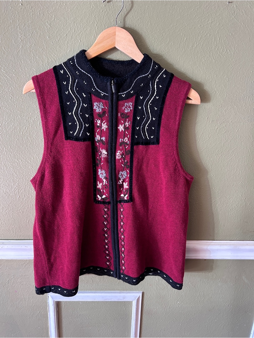 Cottagecore Grannycore Burgundy Hand Embroidered Knit Zippered Heritage Vest